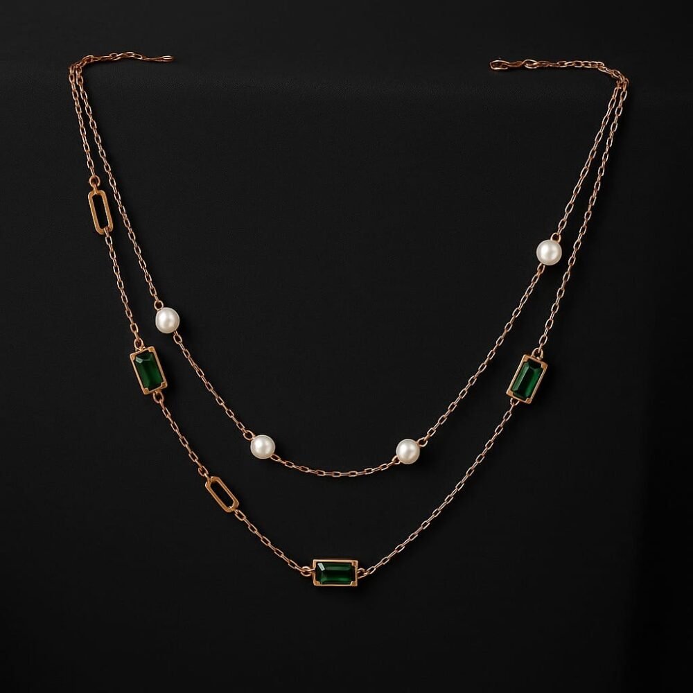 CZ pearl with green stone chain set