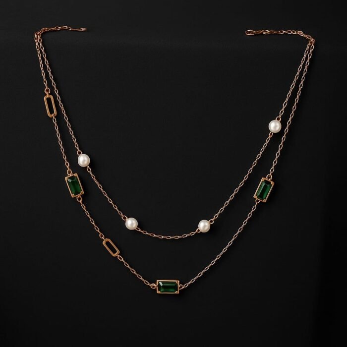 CZ pearl with green stone chain set