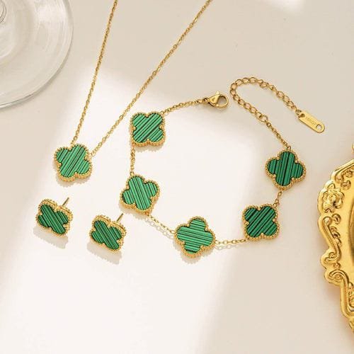 Lucky clover enamel Necklace and bacelect set